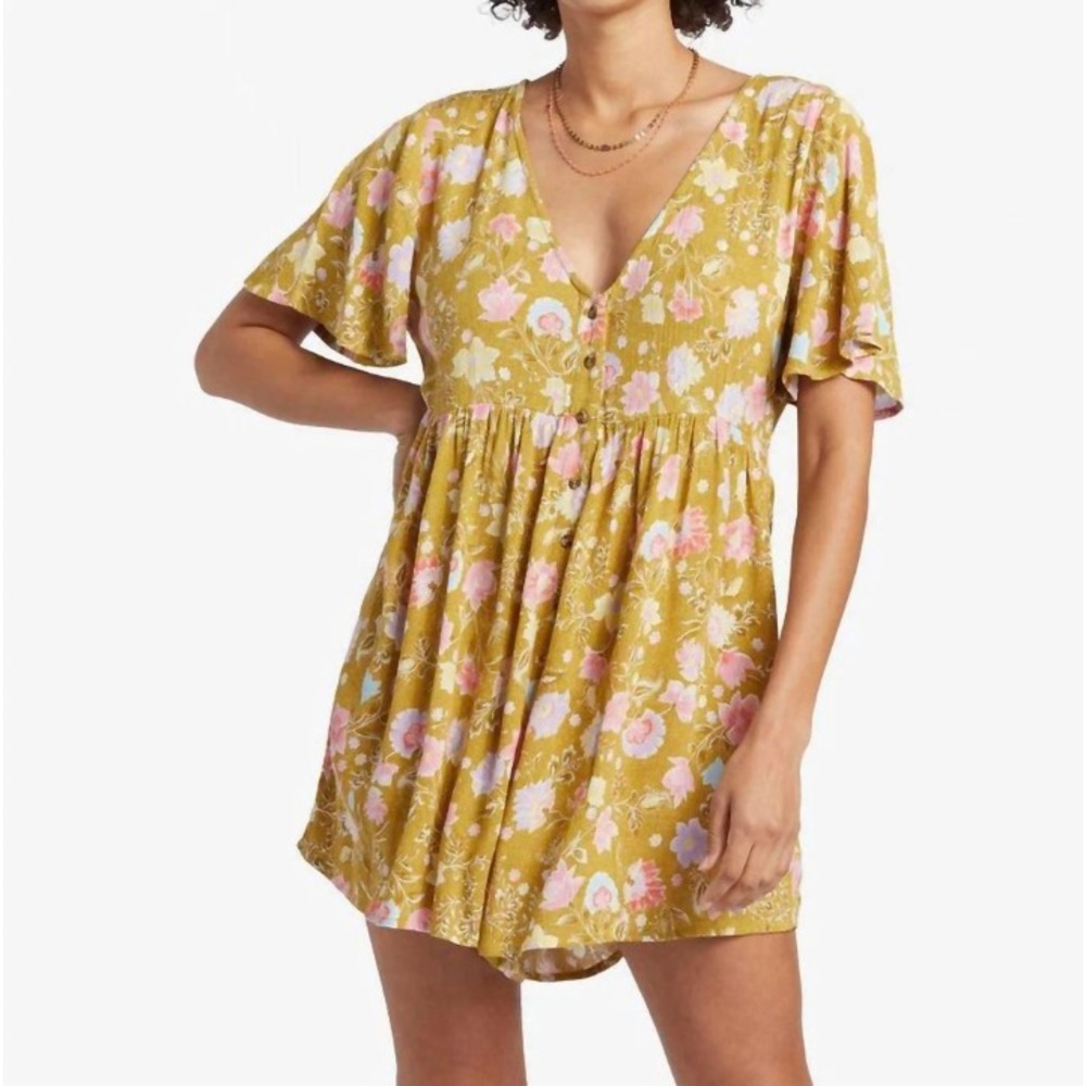 Billabong Spring Daze Romper Women's Size Large Floral Crinkle Flowy Chartreuse
